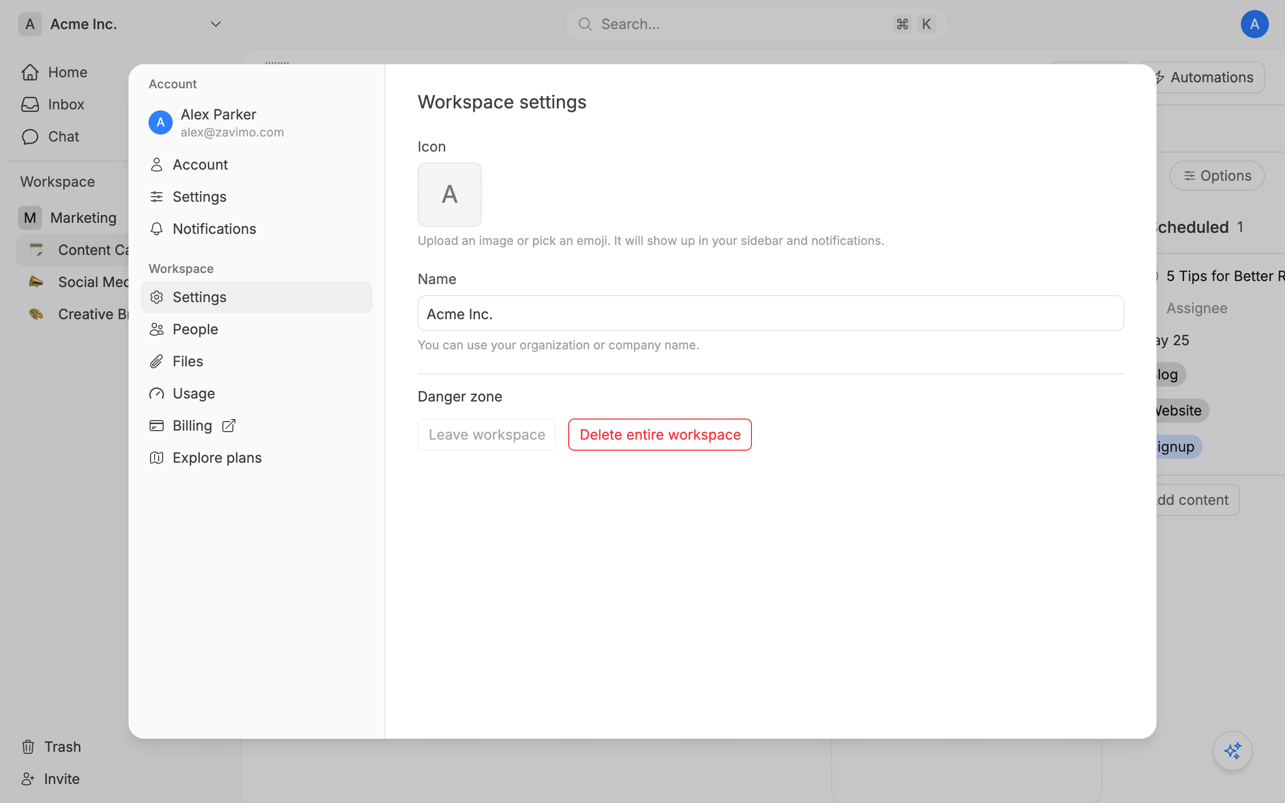 Workspace settings