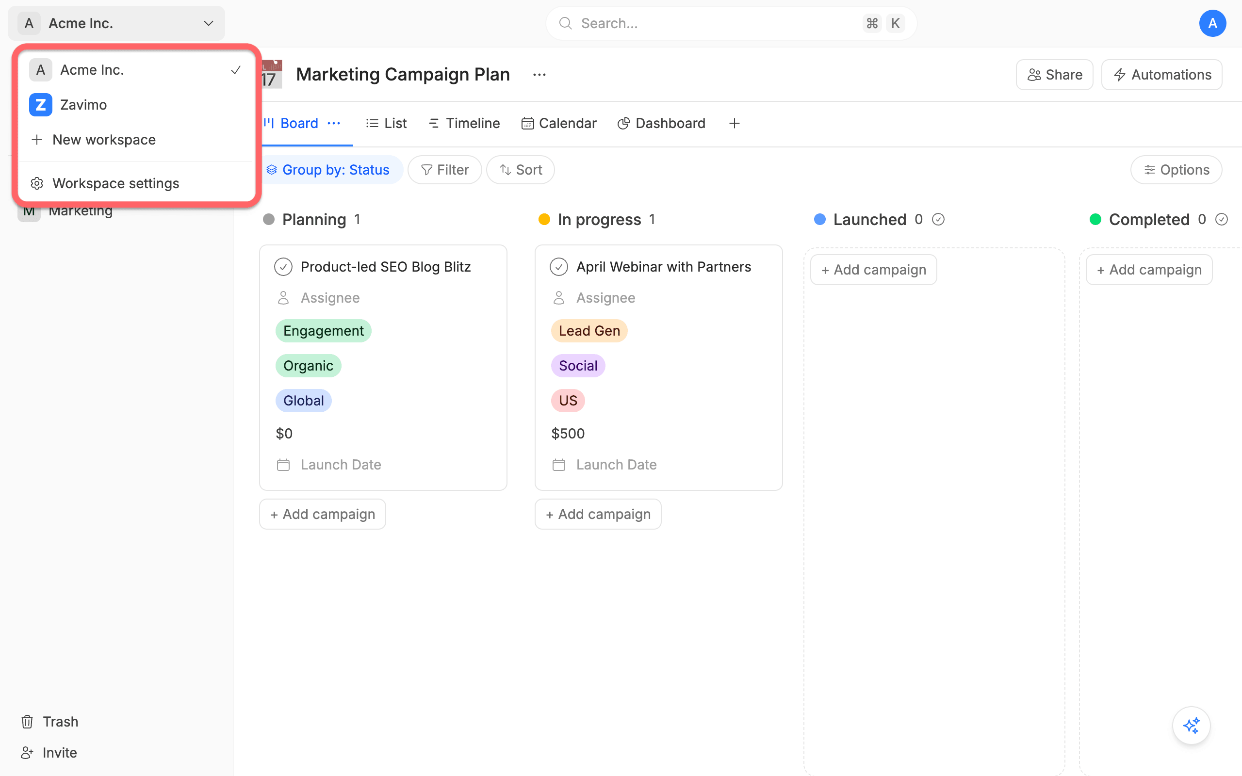 Switching workspaces