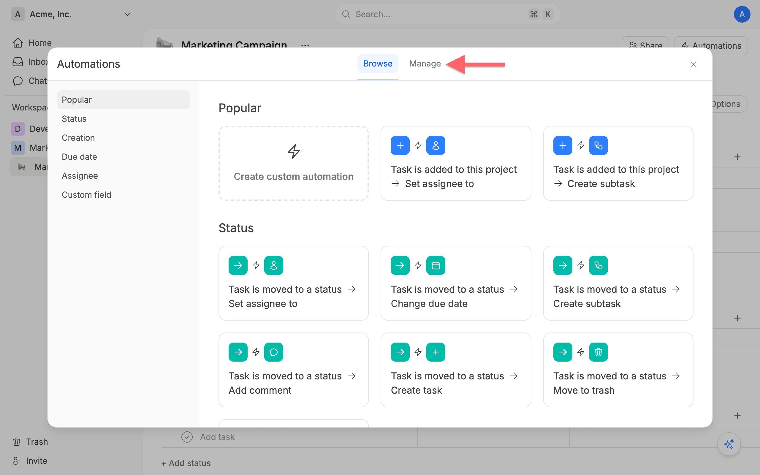 Manage automations
